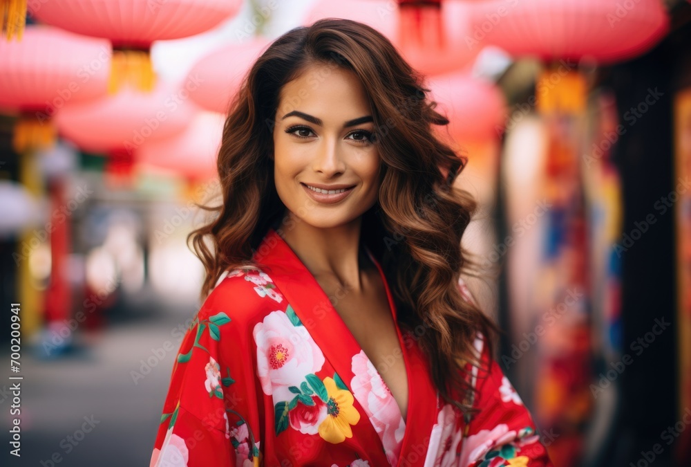 Smiling latina woman in traditional red Sakura kimono
