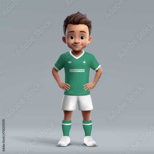 3d cartoon cute young soccer player in Werder football uniform.