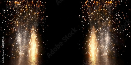 fountain in the night, frame of Golden fountain fireworks isolated on black background.
