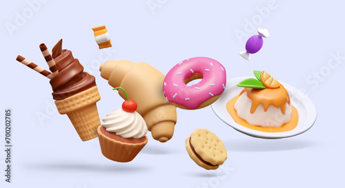 Vector composition of hot and cold sweets. Realistic candy, panna cotta, croissant, donut, cookie sandwich, ice cream. Paradise for those with sweet tooth. Advertising concept