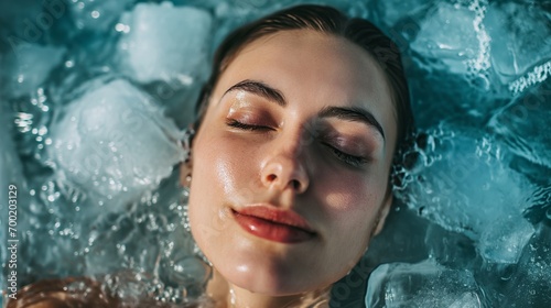 Woman in Ice Bath Embraces Relaxation and Wellness Through Cold Therapy Water Beauty