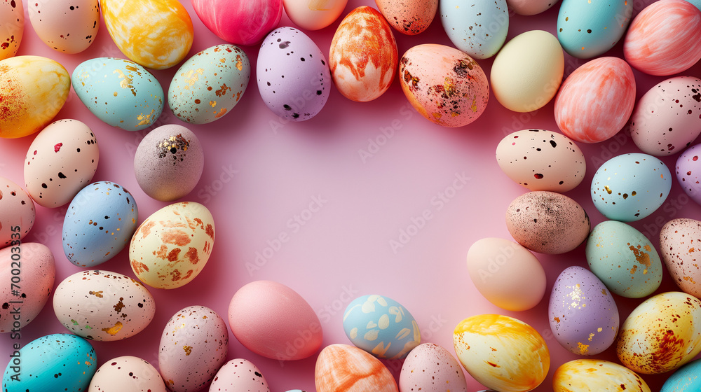 circle frame made from easter bright colorful easter eggs isolated on pastel background
