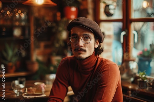 Retro beatnik male model in a turtleneck and beret, in a cozy, vintage coffee shop photo