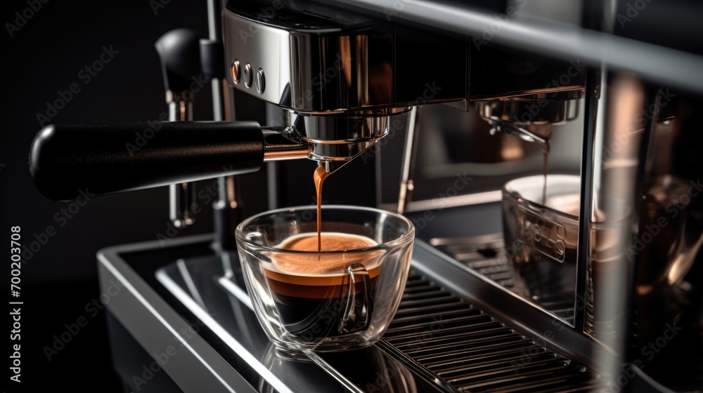 Espresso pouring into a glass, rich crema, coffee machine in action Espresso pouring into a glass, rich crema, coffee machine in action