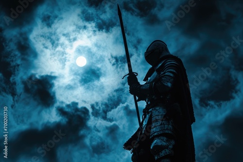 Silhouette of a medieval knight holding a lance, standing against a full moon in a cloudy night sky.