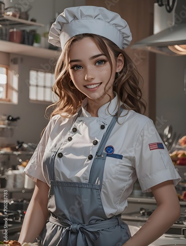 Portrait of a 3D character, a smiling chef in a restaurant