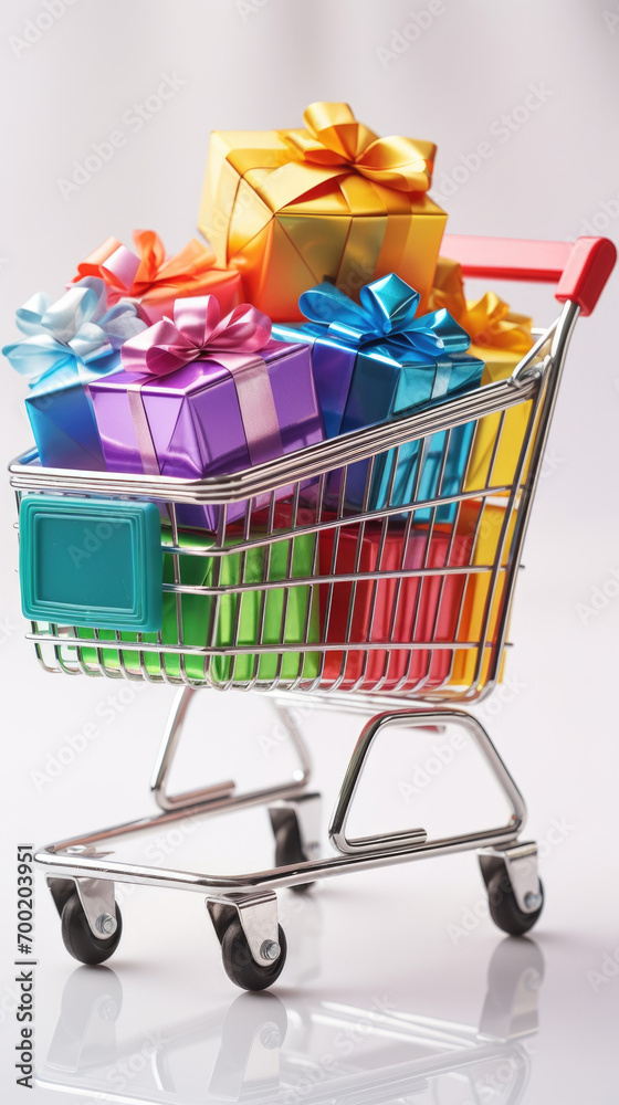 Rainbow colorful gift boxes with ribbons on white background in shopping cart Rainbow colorful gift boxes with ribbons on white background in shopping cart