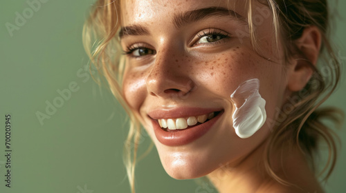 Close-up beauty shot featuring the face of a young blond woman with a small drop of cream on her skin. Promotional image for a cream emphasizing good skin health. Green background. photo