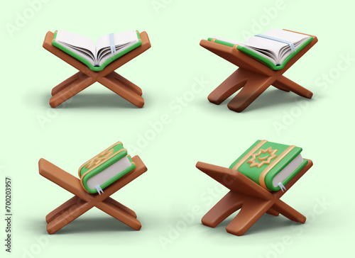 Realistic Koran on book holder stand. Holy book of Islam. Muslim religion. Quran in closed and open position. Koran lessons, study verses. Vector isolated templates