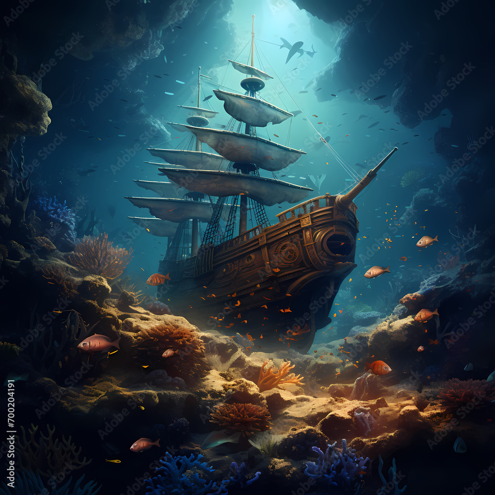 Fototapeta premium Underwater scene with vibrant marine life and an ancient shipwreck