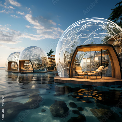 Transparent domes on a beach providing views of an underwater world.