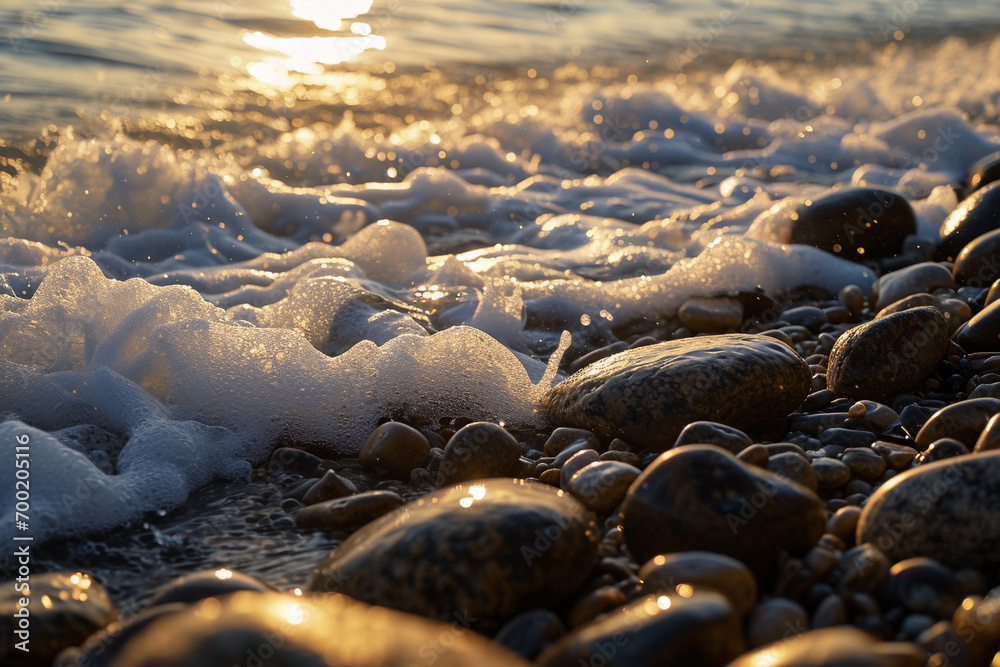 White foam of water washes the stones  on the beach in Sicily, golden hour
