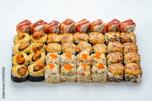 Japanese sushi rolls on a white background. isolate.