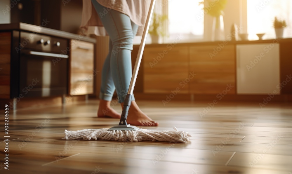 Close up photo of young woman cleaning floor with a wet mop Close up photo of young woman cleaning floor with a wet mop