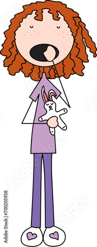 Cartoon illustration of a girl yawning and holding toy bunny