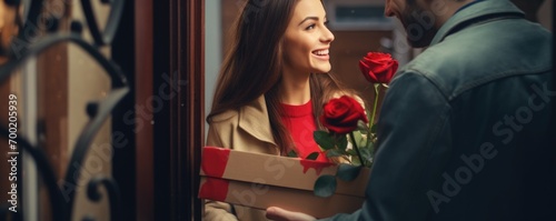 Pretty young woman receiving gift and a large bouquet of red roses at the door.