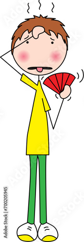 Cartoon illustration of a boy feeling hot and cooling himself with a fan