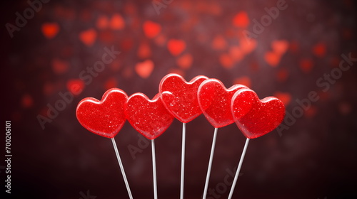 Five heart-shaped lollipops on a dark red blurred background with blurred lights in the shape of hearts. Happy Valentine's Day concept.