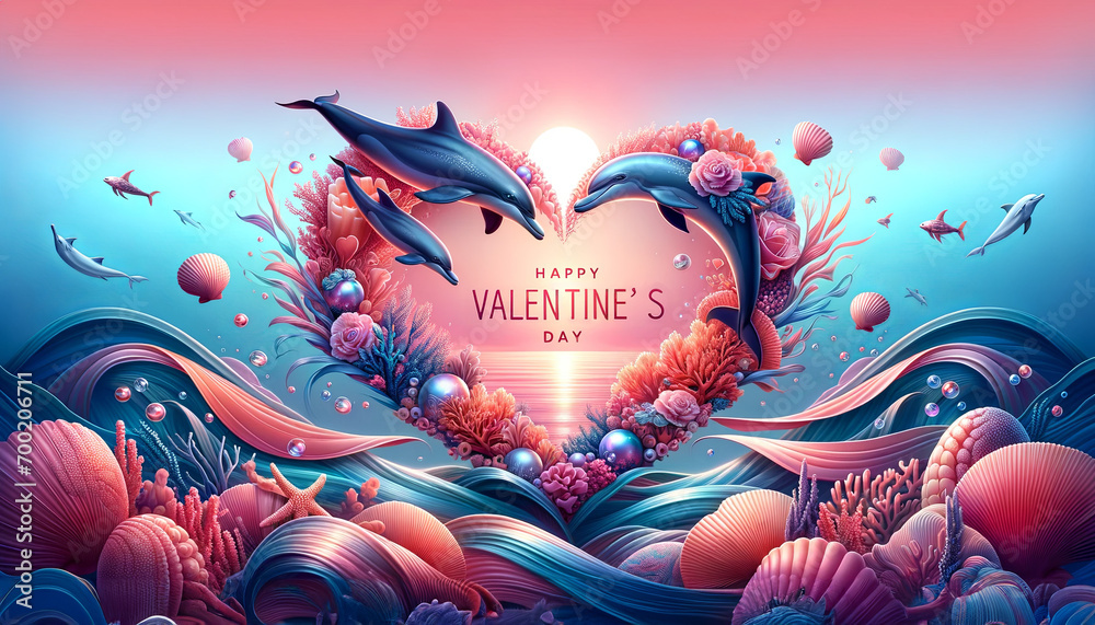 Marine illustration in the form of a heart with text. valentine card. I love the ocean. ecology - obrazy, fototapety, plakaty 