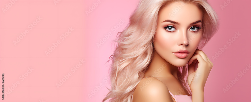 portrait of a  blonde beautiful woman on a pink background abstract