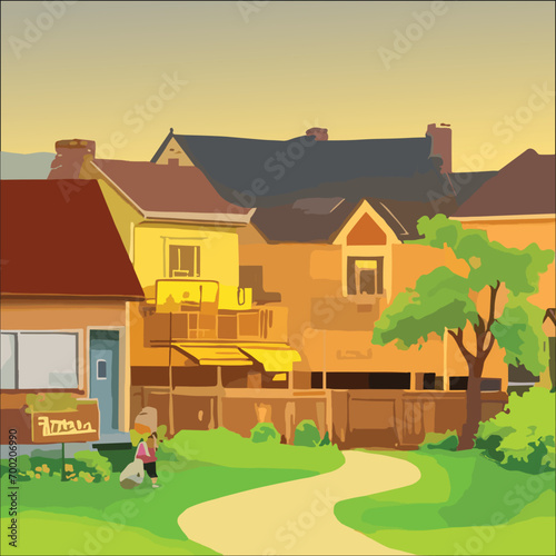 vector illustration with view of exotic village with houses and road 