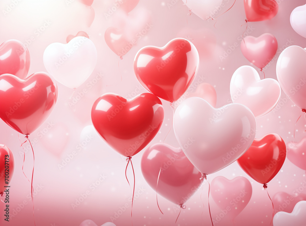 Illustration with red and pink balloons heart shape in the sky