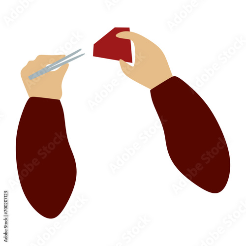 Flat jeweler hands Holding Tweezers and Big Ruby Gemstone. Red Brilliant icon. Jeweler profession. Jeweler day card. Vector Cartoon illustration isolated on white. Jewelry making concept.