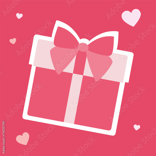 Lovely present gift box flat icon. Cute romantic Pink Present package with Bow ribbon and hearts on Background. Valentine day surprise, perfect date, anniversary of love. Isolated Object for Sticker.