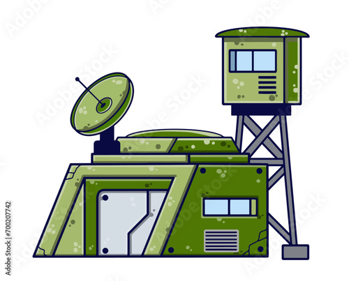 Military base. Army post. Protective building with tower. Modern military camp. Radar station with antenna. Flat cartoon isolated on white background