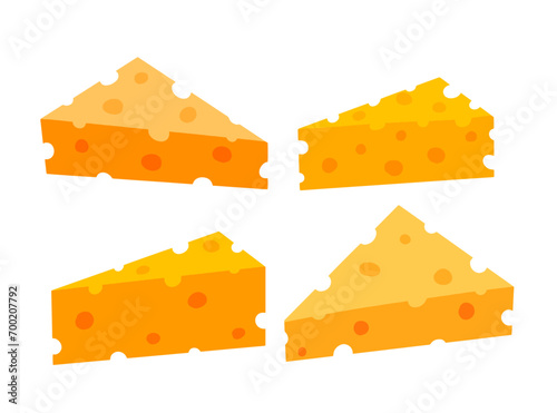 Triangular piece of cheese with holes. Swiss dairy product. Delicious flat style food. Organic meal isolated on white background