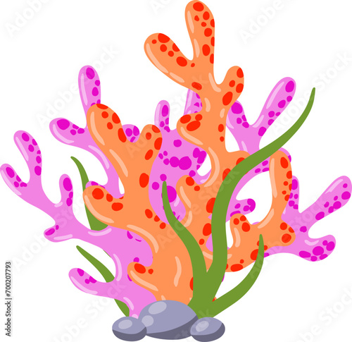 Coral reef and seaweed underwater plant. Aquarium  ocean and undersea decoration isolated on white background. Marine tropical water life. Cartoon vector illustration