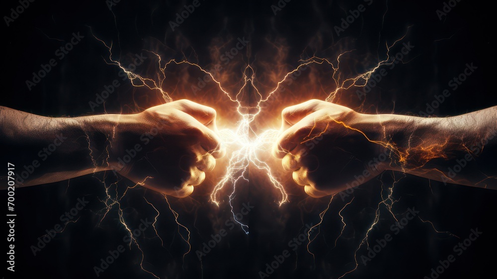 Two hands boxing each other with lightning inbetween created with Generative AI - obrazy, fototapety, plakaty 
