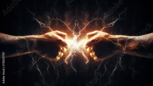 Two hands boxing each other with lightning inbetween created with Generative AI