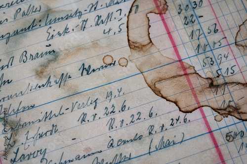 Bild auf Leinwand Closeup of vintage grungy, ledger paper with handwriting in ink and coffee stains