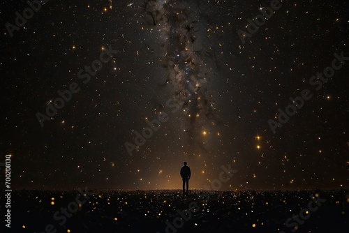 Man Looking At Blurry Golden Stars Shining Brightly in Dark Space Sky Night Time Scenery Cosmos Astronomy Galaxy Glamour Sparkle De focused Generative AI