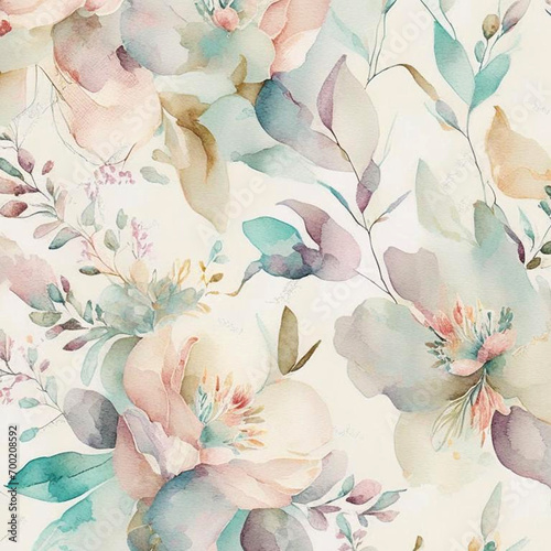 Pastel watercolor flowers with stems and leaves. Watercolor art background.