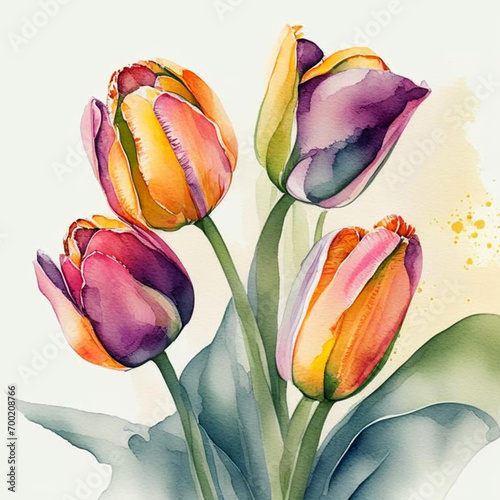 Tulips bouquet with green leaves. Fresh flowers on light background.