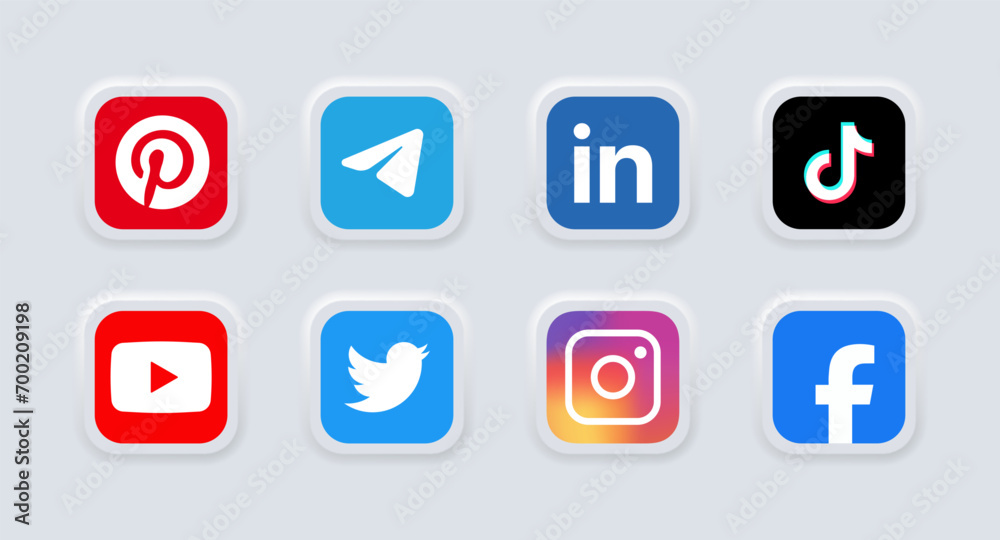 Social media logos icons. Pinterest, Telegram, Linkedin, Tik Tok