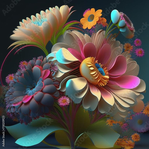 Original floral design with exotic flowers and tropic leaves. Colorful flowers on dark background.