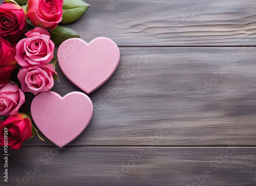 Two pink wooden hearts and some red roses on a wooden background