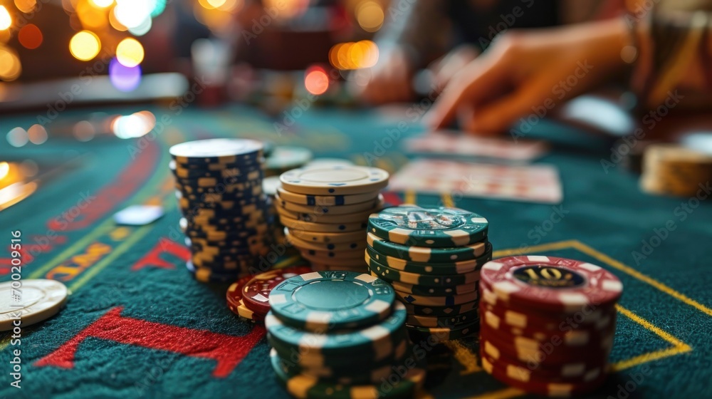 Poker chips and cards on the table in the casino. Close-up Poker chips and cards on the table in the casino. Close-up