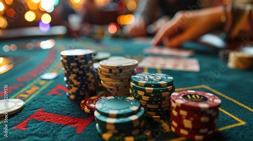Poker chips and cards on the table in the casino. Close-up