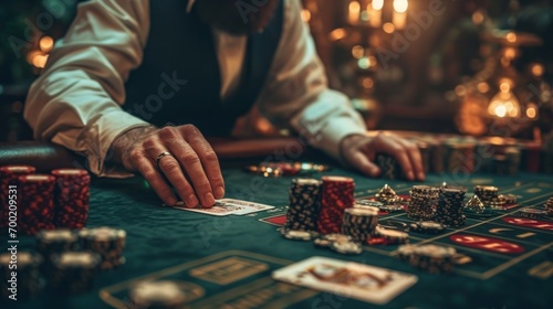 Man playing poker in casino. Close up of male hands with cards and chips. photo