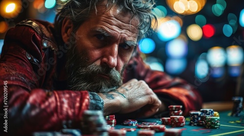Portrait of a senior sad man playing poker at a casino.