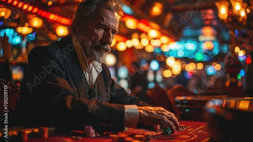 Elderly man playing poker at the casino. Casino concept.