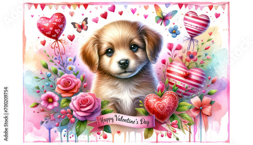 cute puppy surrounded in flowers and hearts. valentines day. To create postcards, invitations photo