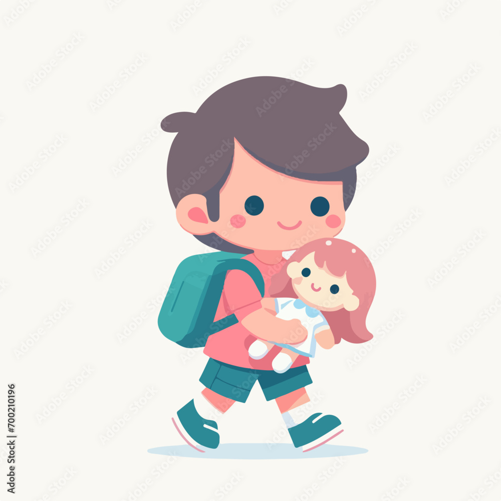 vector of a small boy carrying a doll and bag