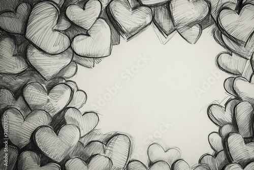 A frame consisting of hearts drawn in pencil on a white background