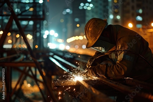 Welding Heights: Construction Worker Welding Steel Beams on a High-Rise Building, City Skyline as a Backdrop - A Captivating Image of Industrial Progress in Urban Development.