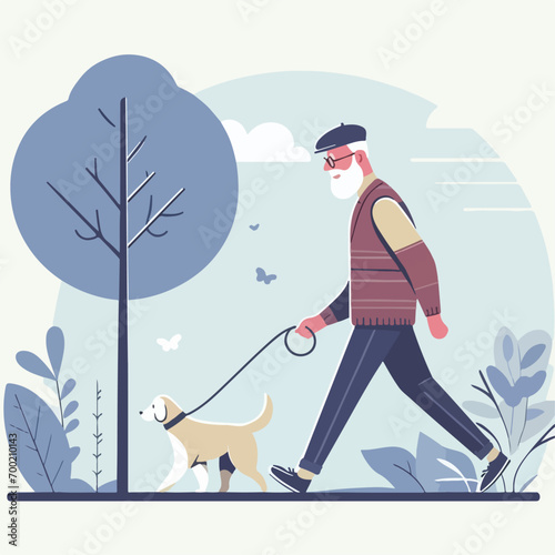 vector old grandfather walking with dog photo